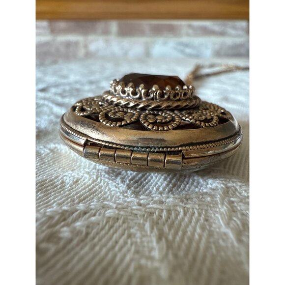 Avon Vintage Gold-Tone Locket Necklace With Brown Gemstone Pendant - Picture 7 of 16